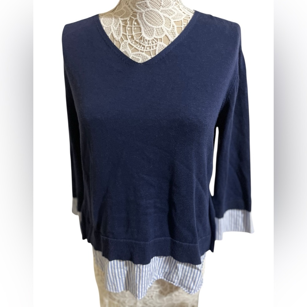 Chicos Preppy Navy Blue Layered knit Sweater - Size 1- EUC